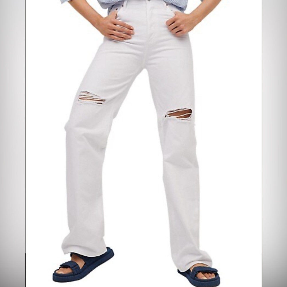 Mango High-Rise Ripped Straight-Leg White Jeans